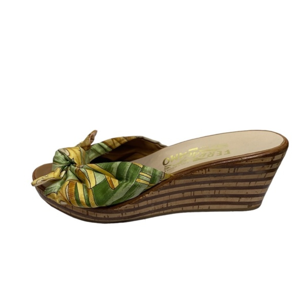 SALVATORE FERRAGAMO Silk Patterned wedge sandals bow accents yellow green
